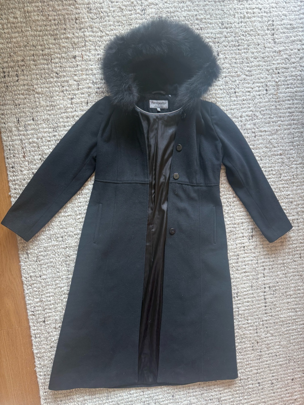 Firenze Atelier Black Wool Trench Coat with Faux Fur Hood